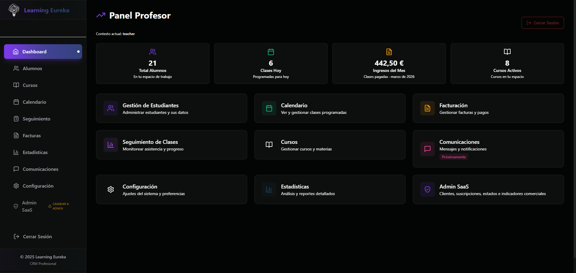 Panel de profesor de Learning Eureka: total de alumnos, clases del día, ingresos del mes y cursos activos